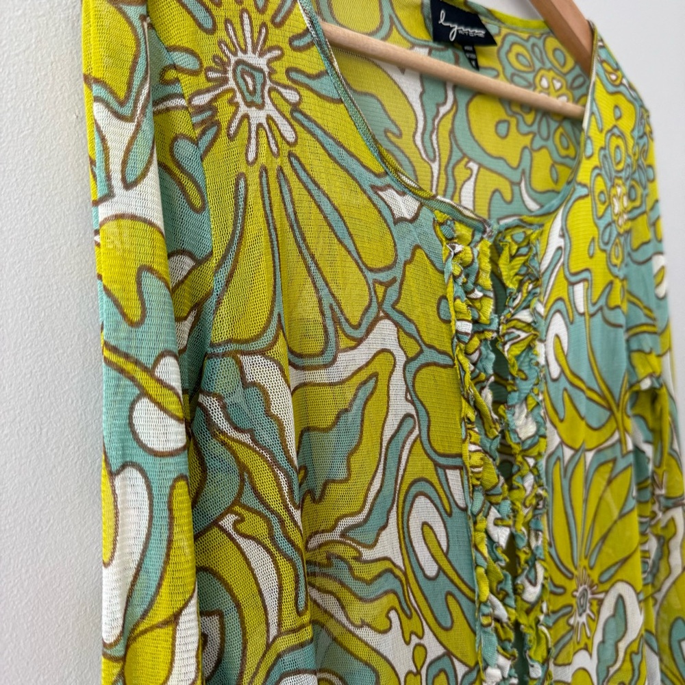 Lynn Ritchie 100% Silk Sheer Mesh Ruffle Groovy Floral Top Medium - Picture 4 of 14